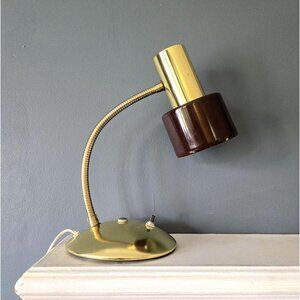 Vtg Brown Enamel & Brass Finish Desk Lamp Goose Neck Retro Home Office Tensor